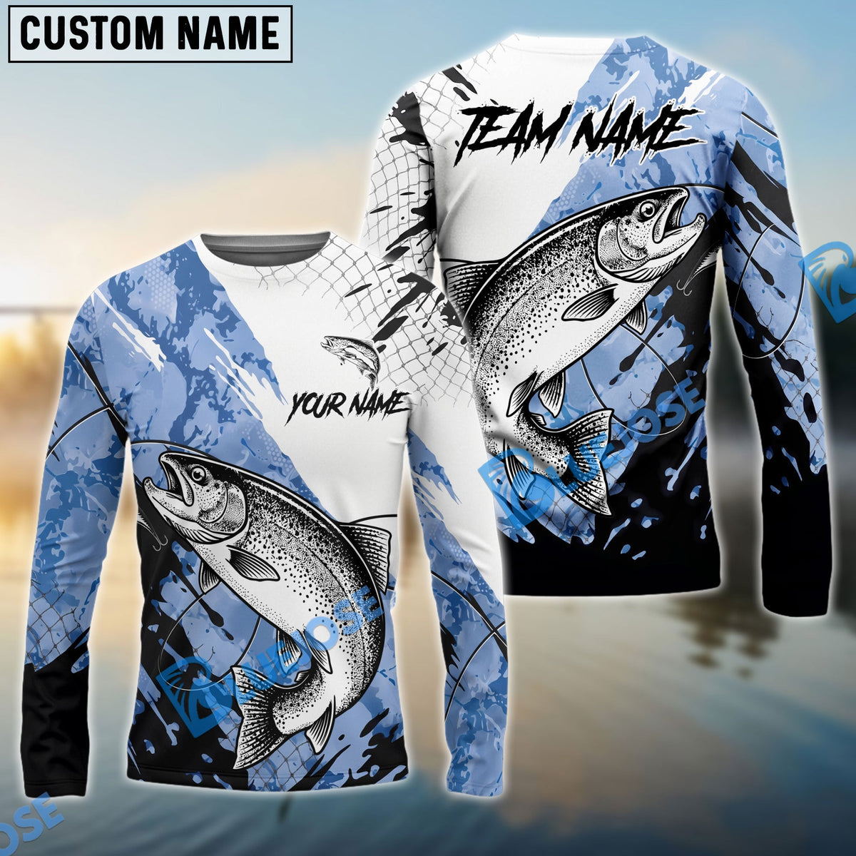 BlueJose Trout Fishing Blue White Long Jumping Splash Water Graphic Custom Name & Team Name 3D Shirts