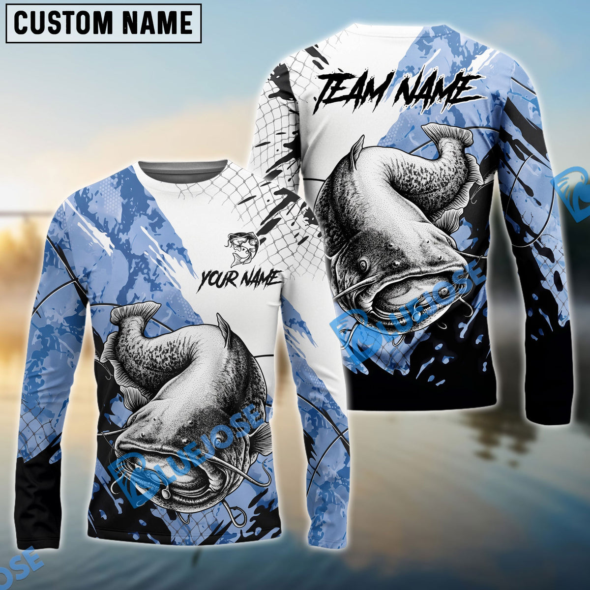 BlueJose Catfish Fishing Blue White Long Jumping Splash Water Graphic Custom Name & Team Name 3D Shirts