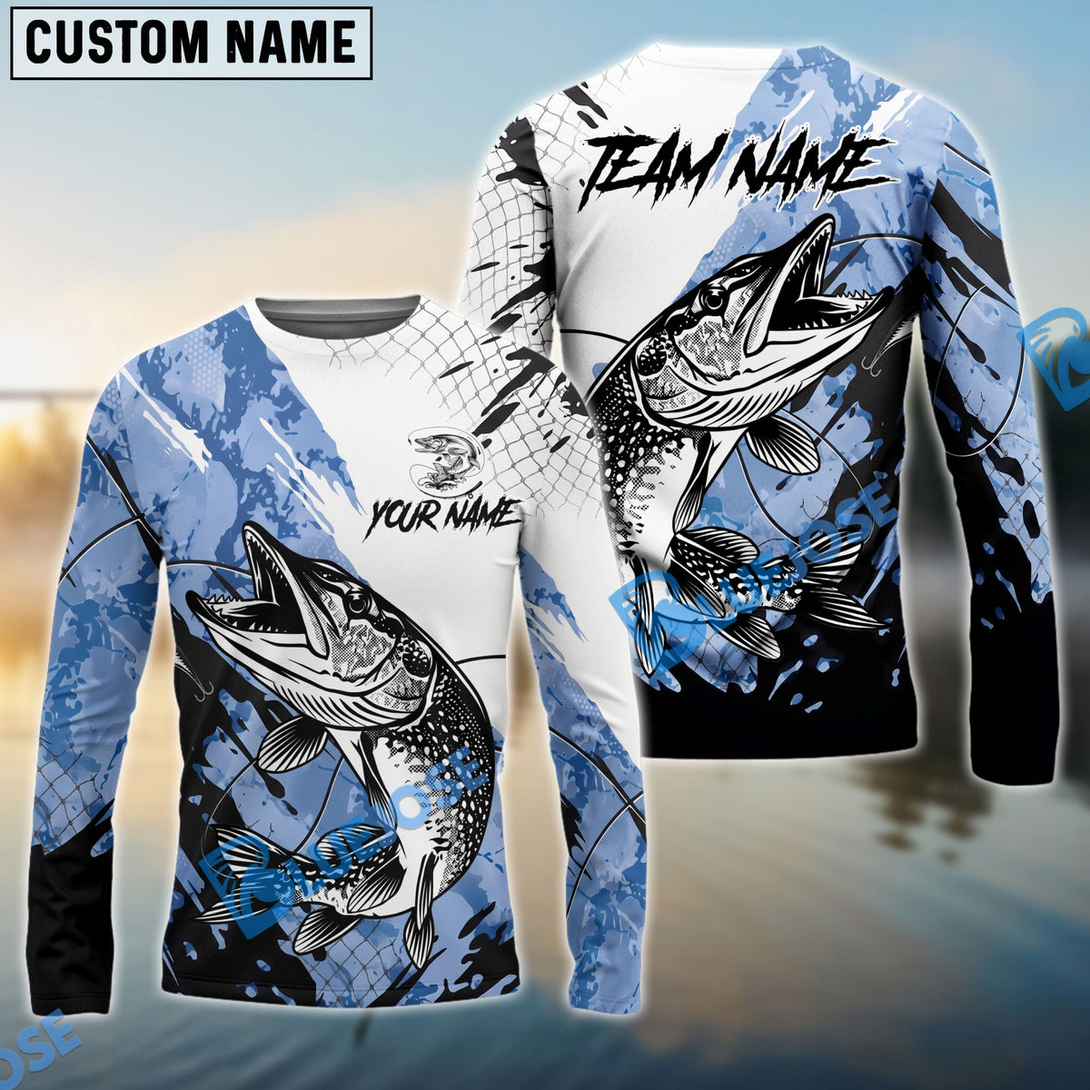 BlueJose Pike Fishing Blue White Long Jumping Splash Water Graphic Custom Name & Team Name 3D Shirts