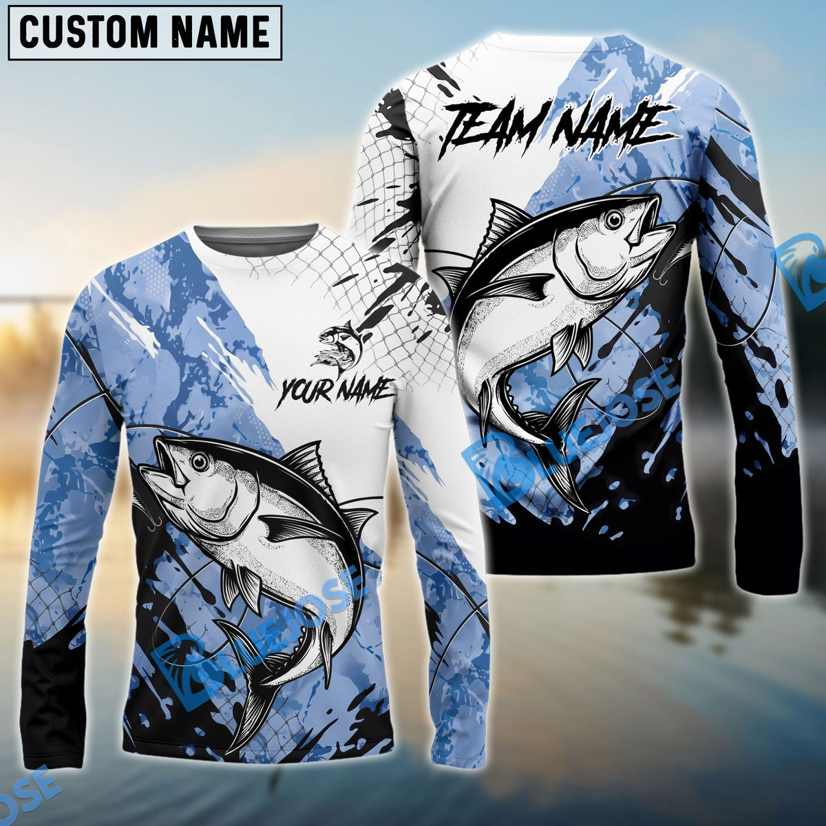 BlueJose Tuna Fishing Blue White Long Jumping Splash Water Graphic Custom Name & Team Name 3D Shirts