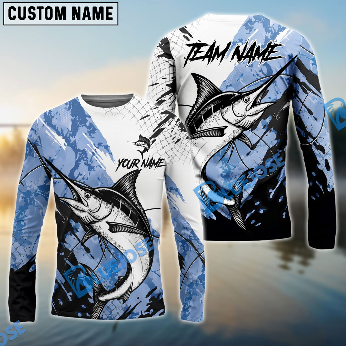 BlueJose Marlin Fishing Blue White Long Jumping Splash Water Graphic Custom Name & Team Name 3D Shirts