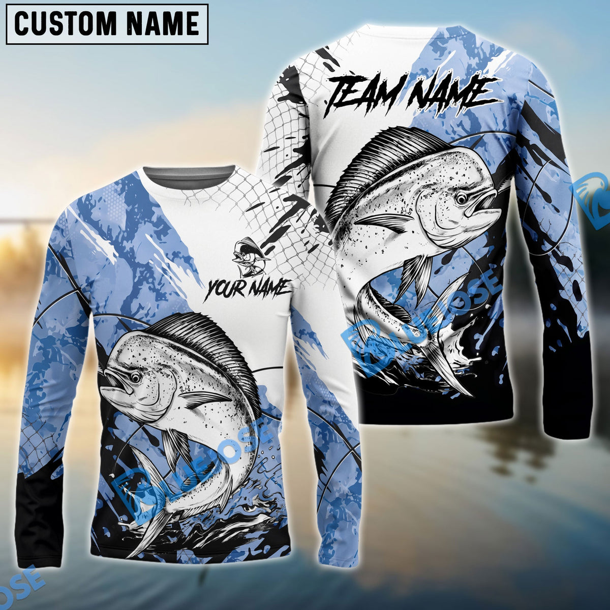 BlueJose Mahi-mahi Fishing Blue White Long Jumping Splash Water Graphic Custom Name & Team Name 3D Shirts