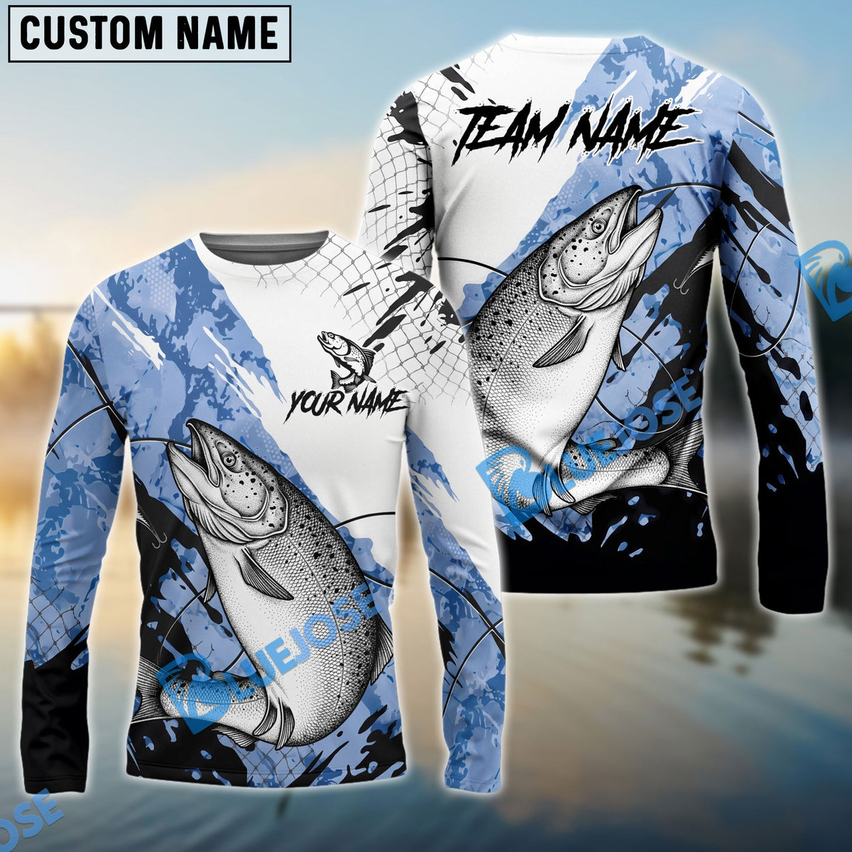 BlueJose Salmon Fishing Blue White Long Jumping Splash Water Graphic Custom Name & Team Name 3D Shirts