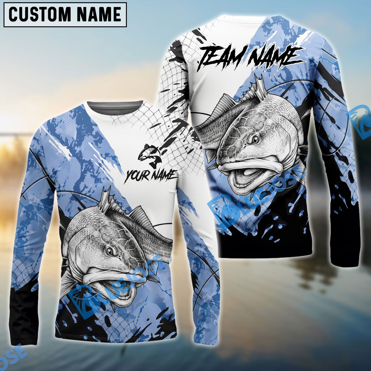 BlueJose Redfish Fishing Blue White Long Jumping Splash Water Graphic Custom Name & Team Name 3D Shirts