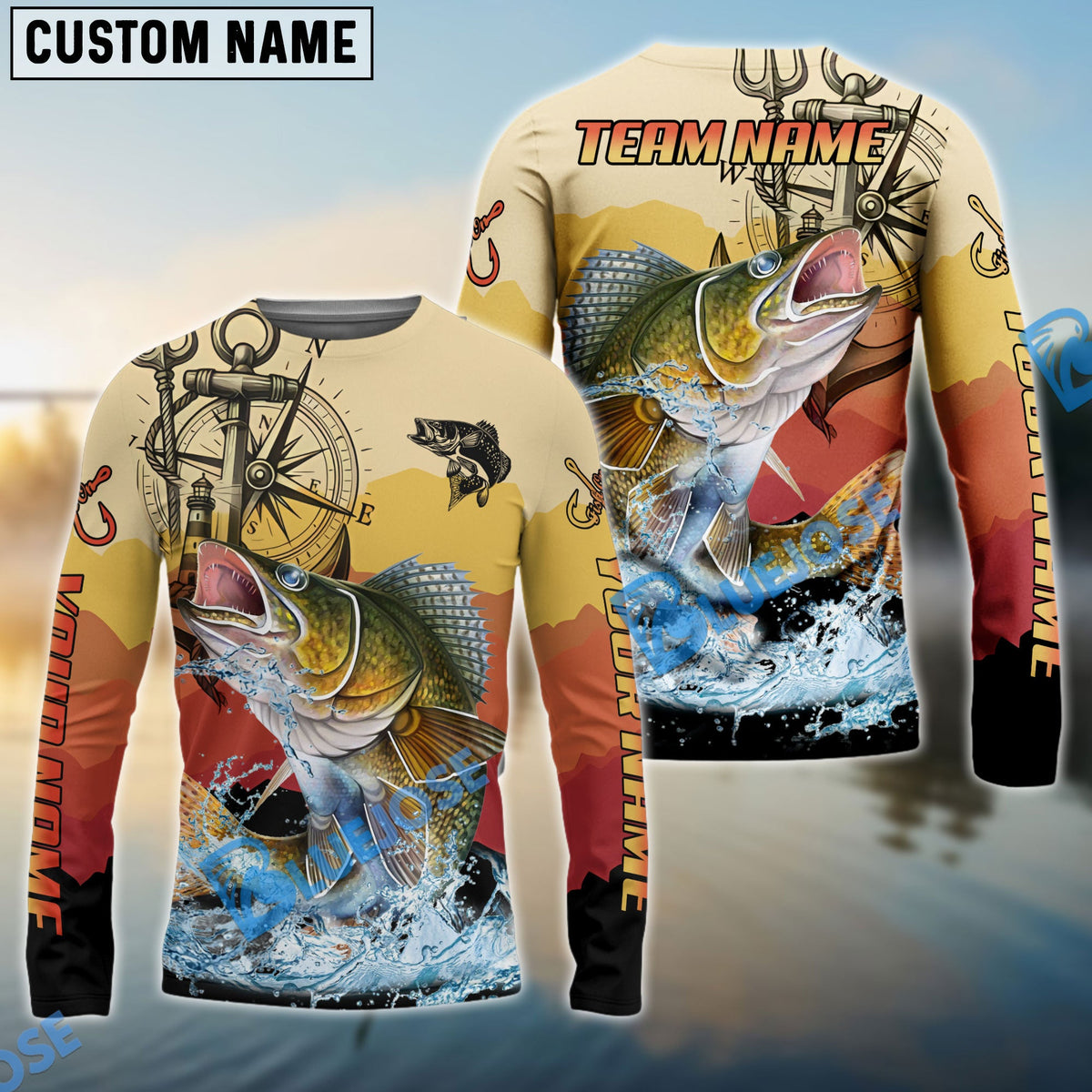 BlueJose Walleye Fishing Sunset Compass Custom Name & Team Name 3D Shirts