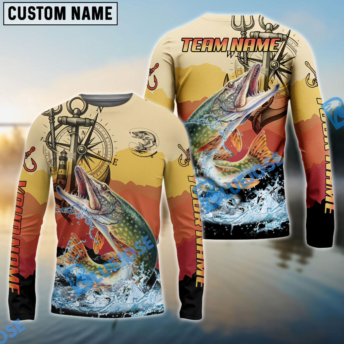 BlueJose Pike Fishing Sunset Compass Custom Name & Team Name 3D Shirts
