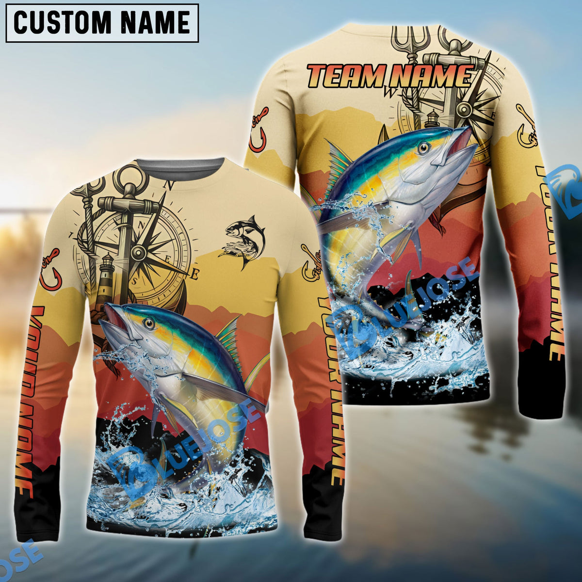 BlueJose Tuna Fishing Sunset Compass Custom Name & Team Name 3D Shirts