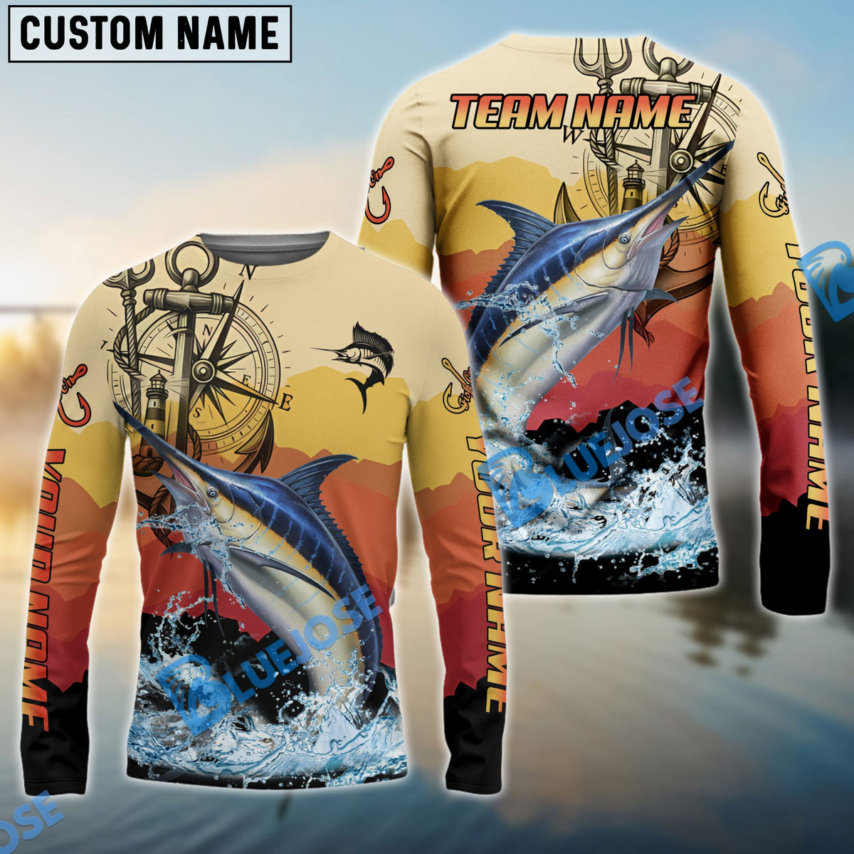 BlueJose Marlin Fishing Sunset Compass Custom Name & Team Name 3D Shirts