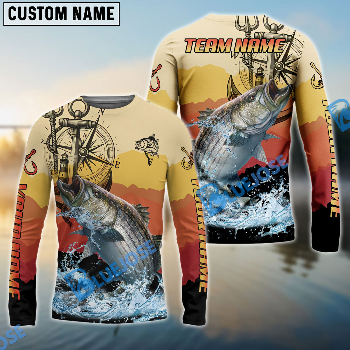 BlueJose Striped Bass Fishing Sunset Compass Custom Name & Team Name 3D Shirts