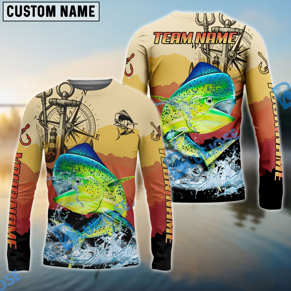 BlueJose Mahi-Mahi Fishing Sunset Compass Custom Name & Team Name 3D Shirts