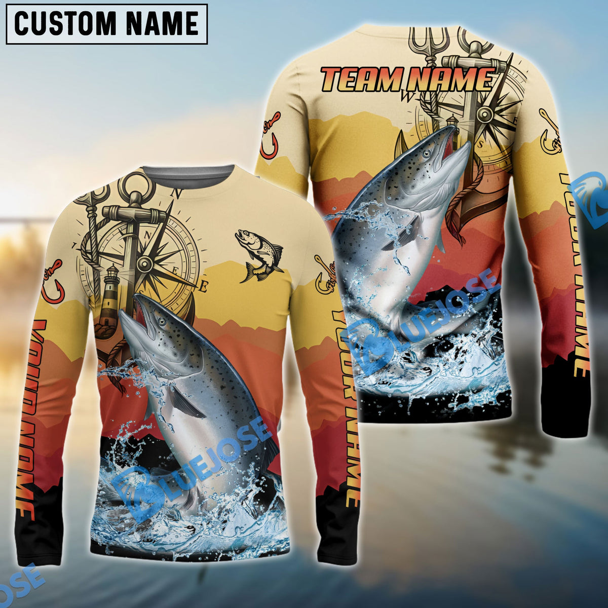 BlueJose Salmon Fishing Sunset Compass Custom Name & Team Name 3D Shirts