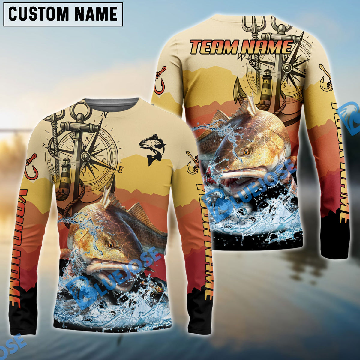 BlueJose Redfish Fishing Sunset Compass Custom Name & Team Name 3D Shirts
