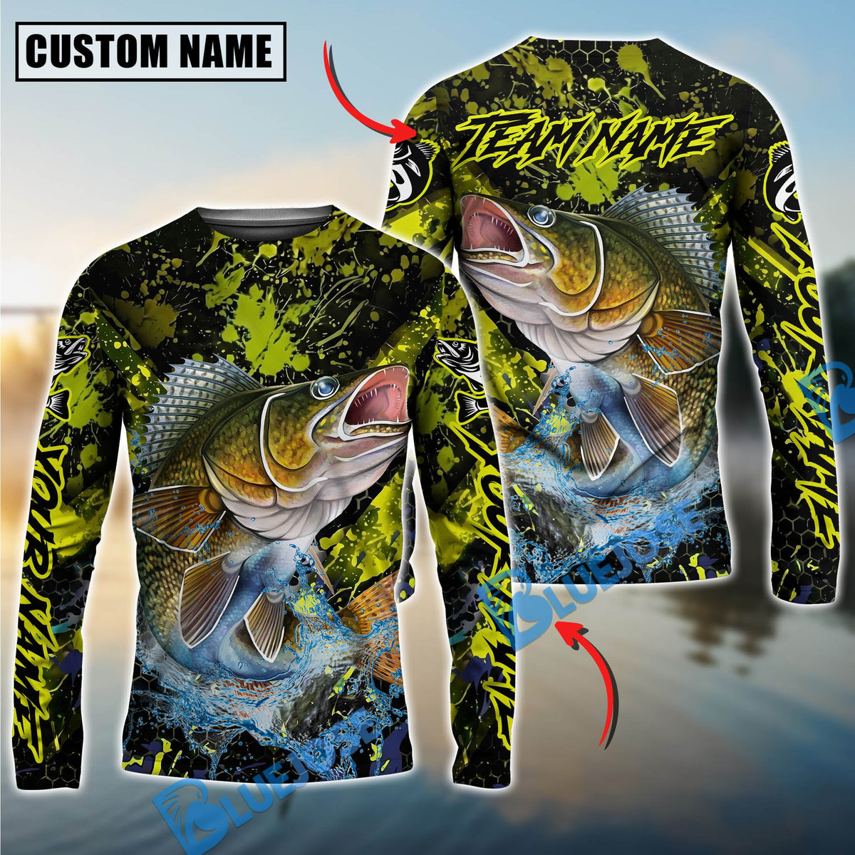 BlueJose Walleye Fishing Neon Splash Custom Name & Team Name 3D Shirts