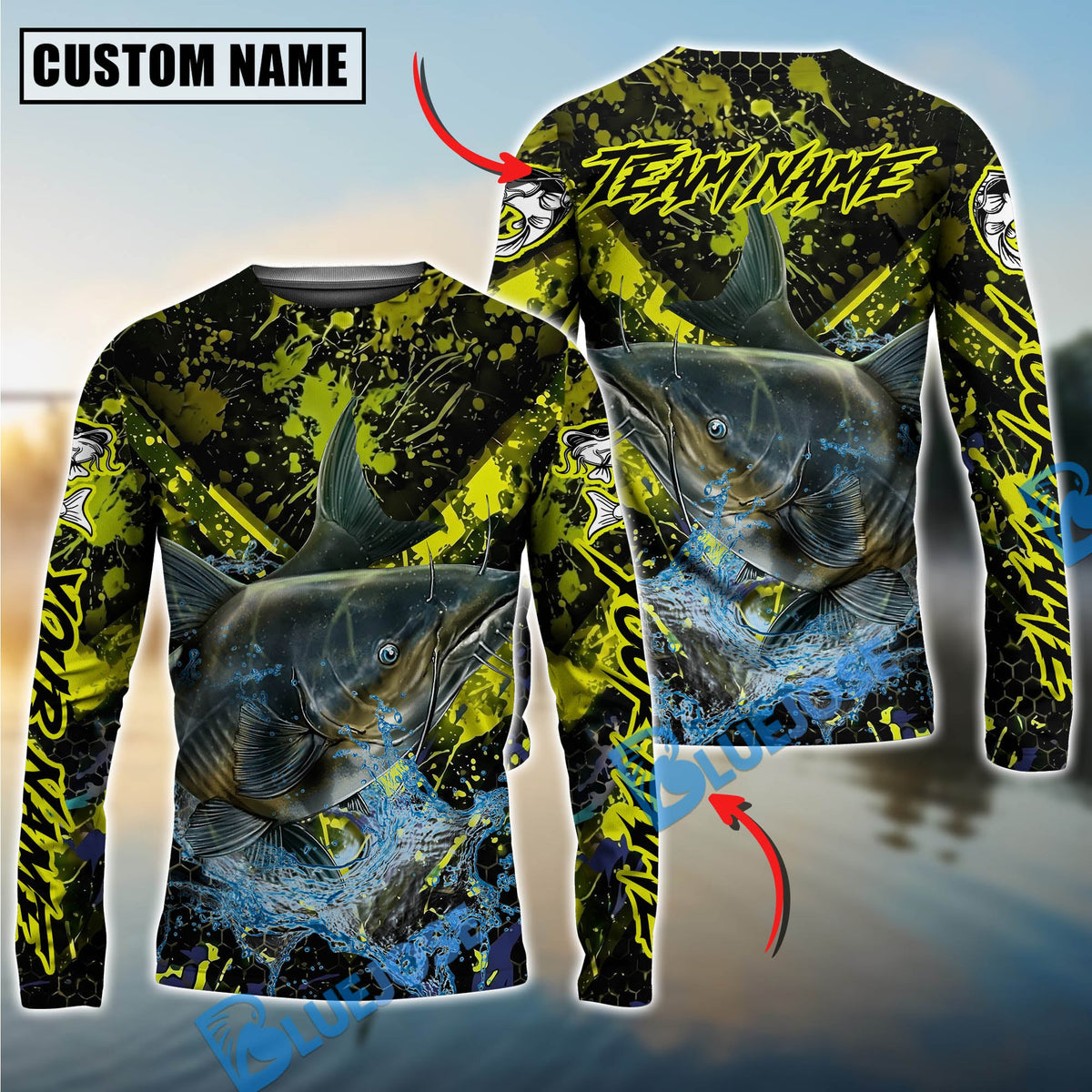 BlueJose Catfish Fishing Neon Splash Custom Name & Team Name 3D Shirts
