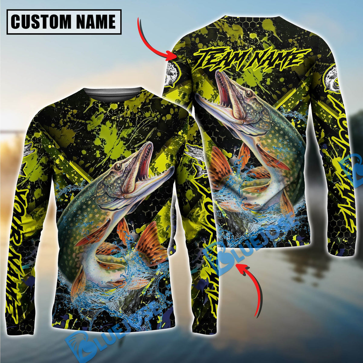 BlueJose Pike Fishing Neon Splash Custom Name & Team Name 3D Shirts