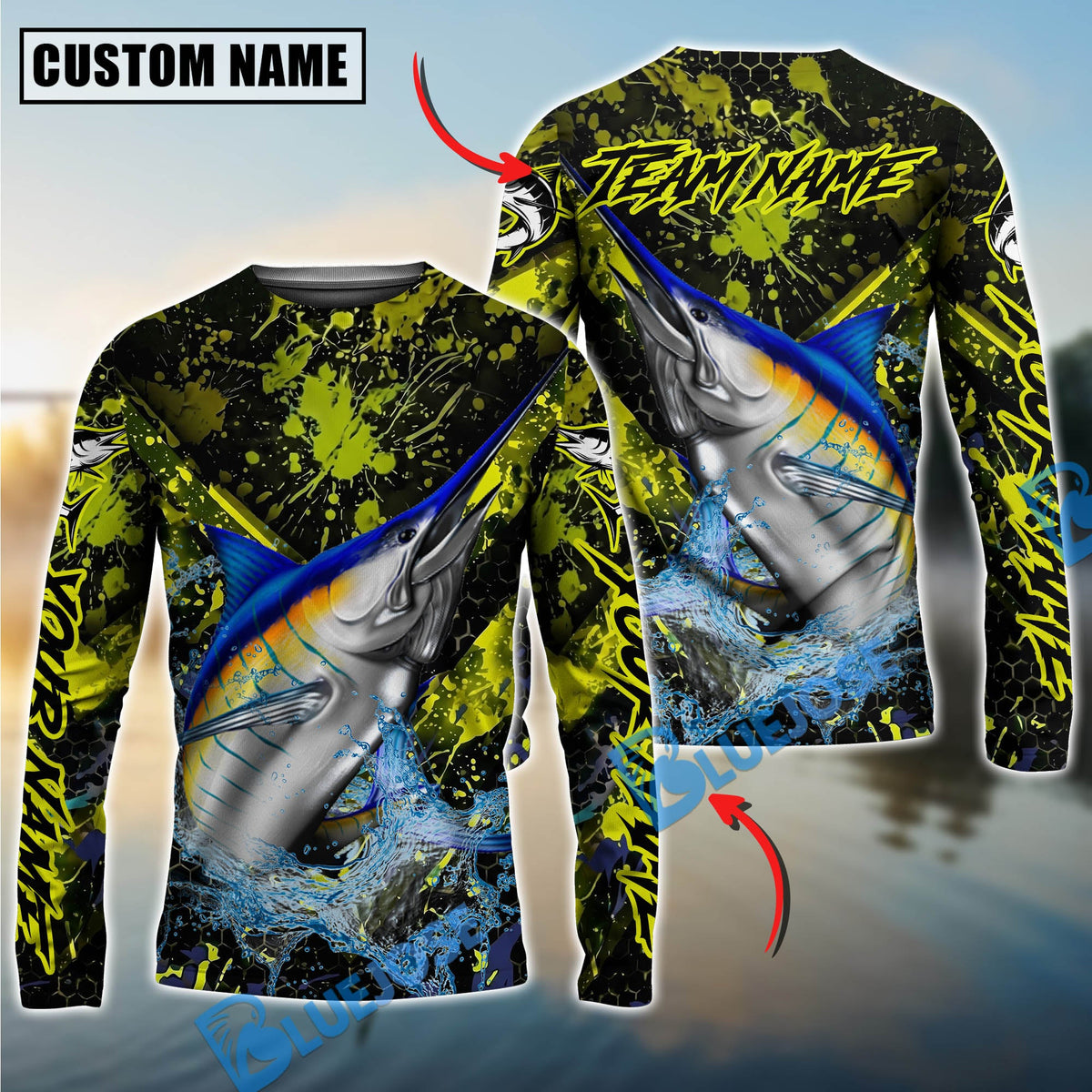 BlueJose Marlin Fishing Neon Splash Custom Name & Team Name 3D Shirts