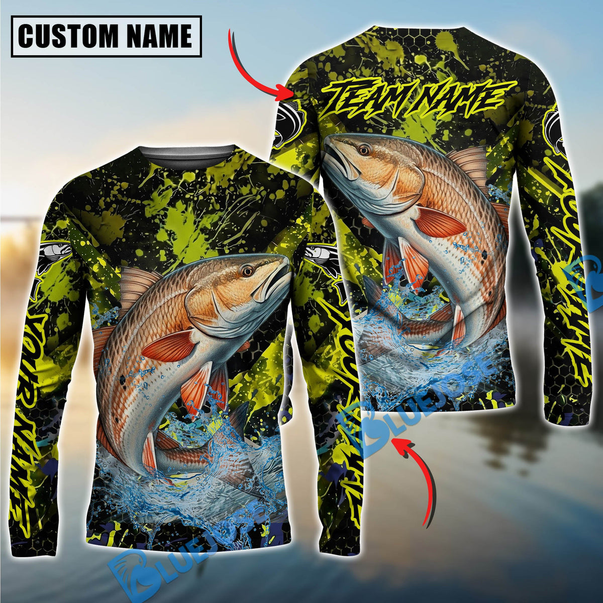 BlueJose Redfish Fishing Neon Splash Custom Name & Team Name 3D Shirts