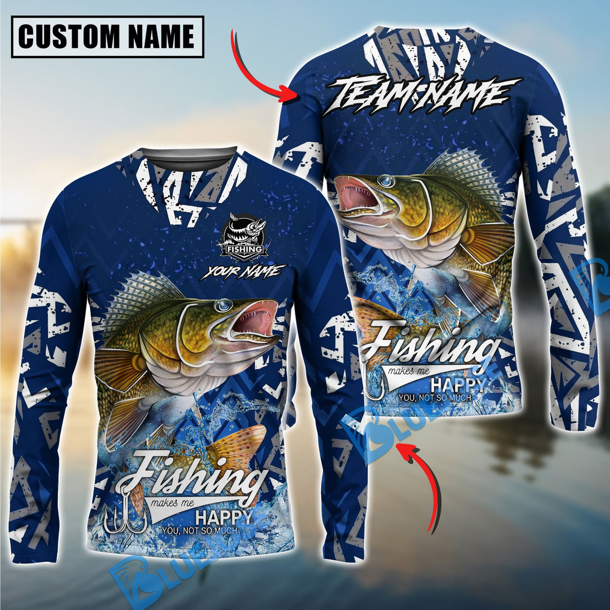 BlueJose Walleye Fishing Tribal Blue Custom Name & Team Name 3D Shirts