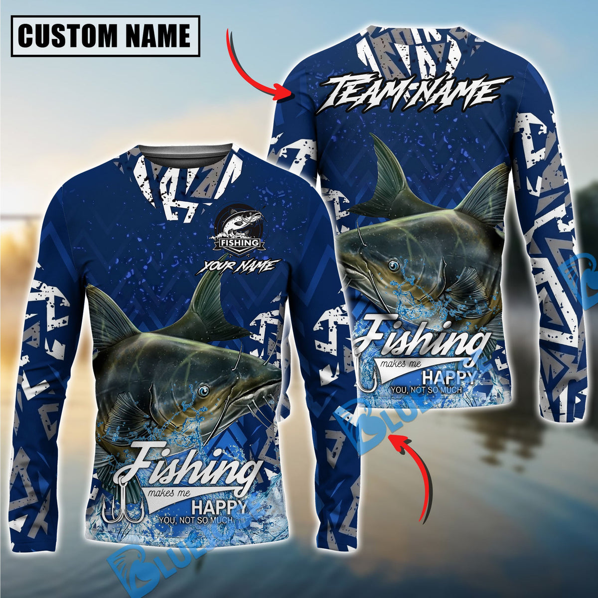 BlueJose Catfish Fishing Tribal Blue Custom Name & Team Name 3D Shirts