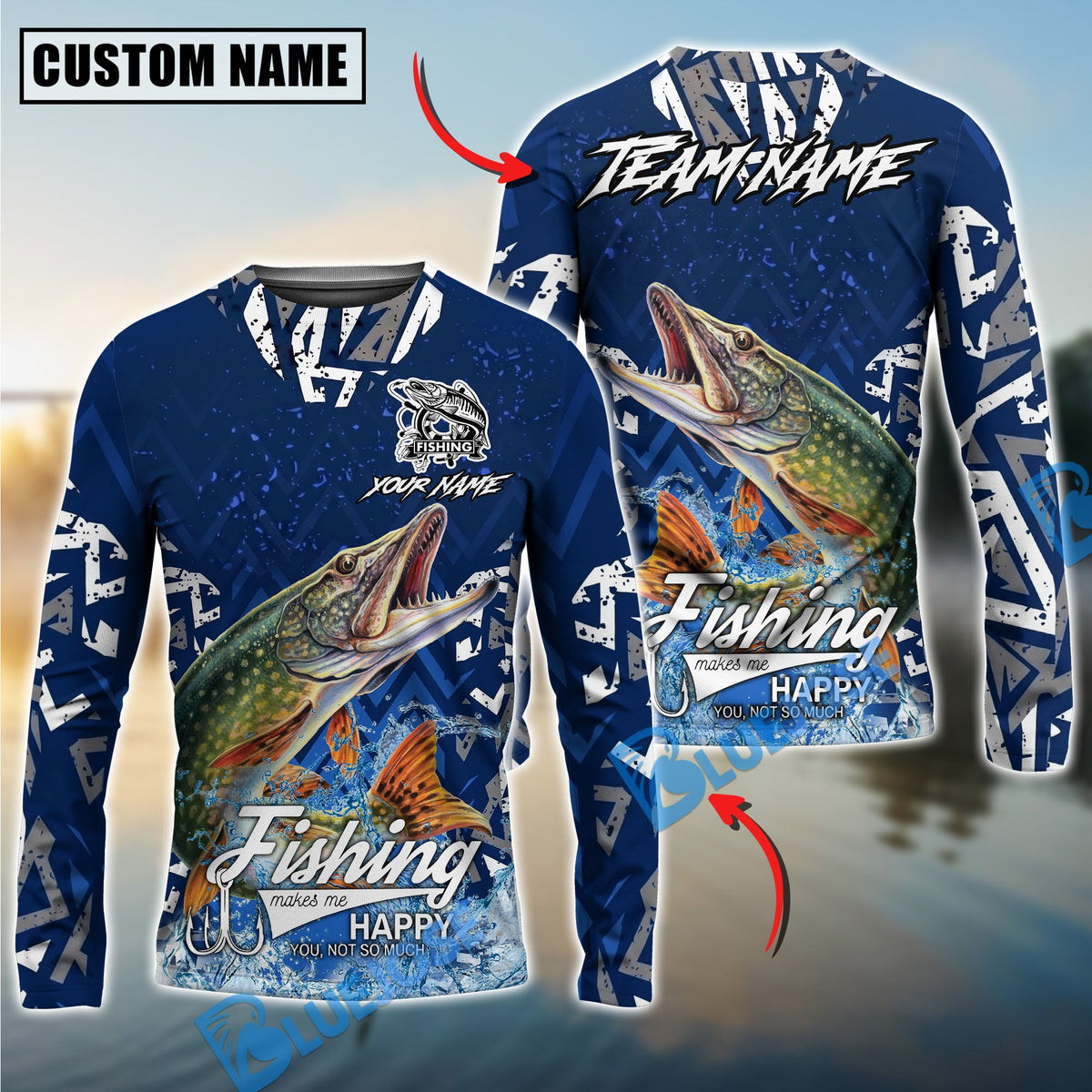BlueJose Pike Fishing Tribal Blue Custom Name & Team Name 3D Shirts