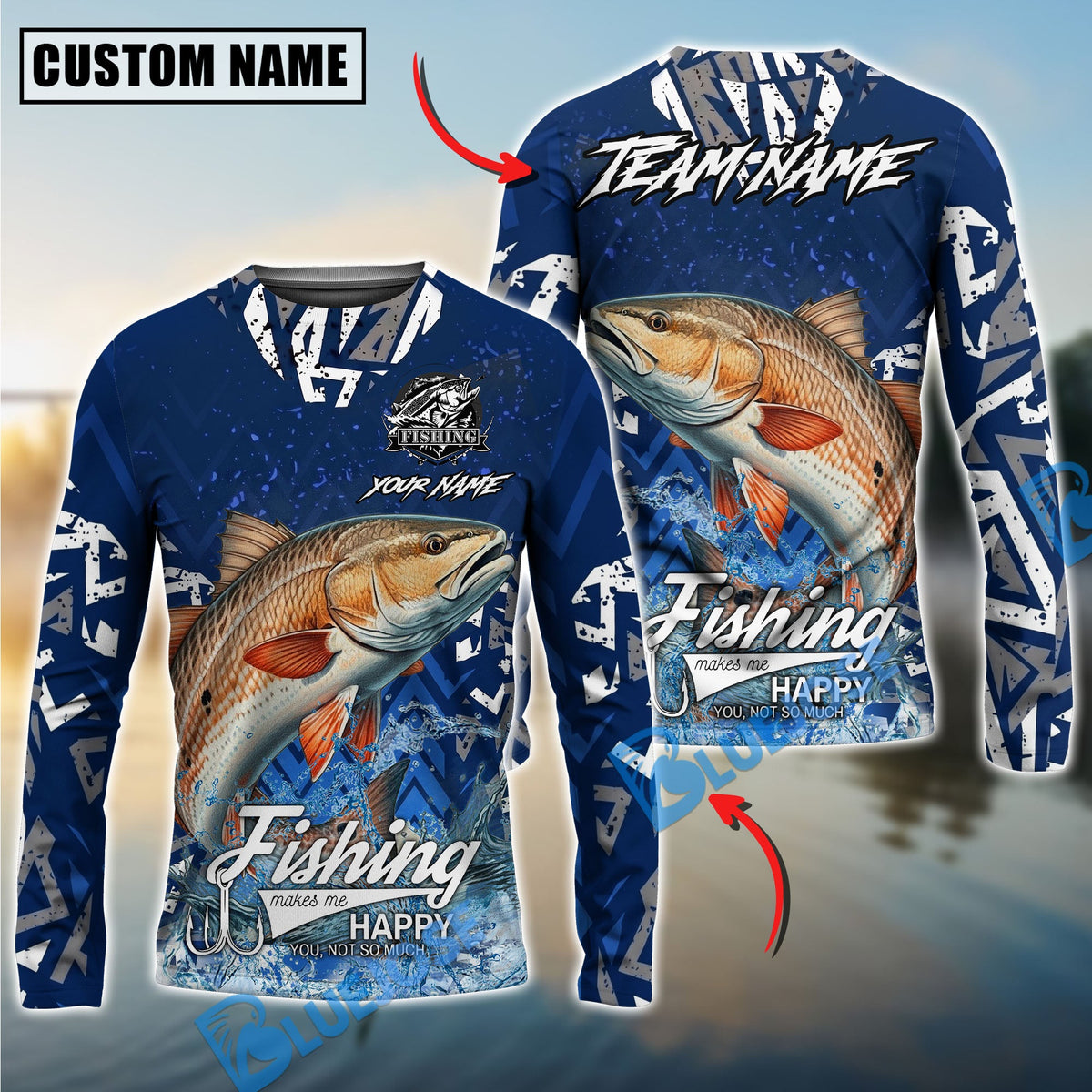BlueJose Redfish Fishing Tribal Blue Custom Name & Team Name 3D Shirts