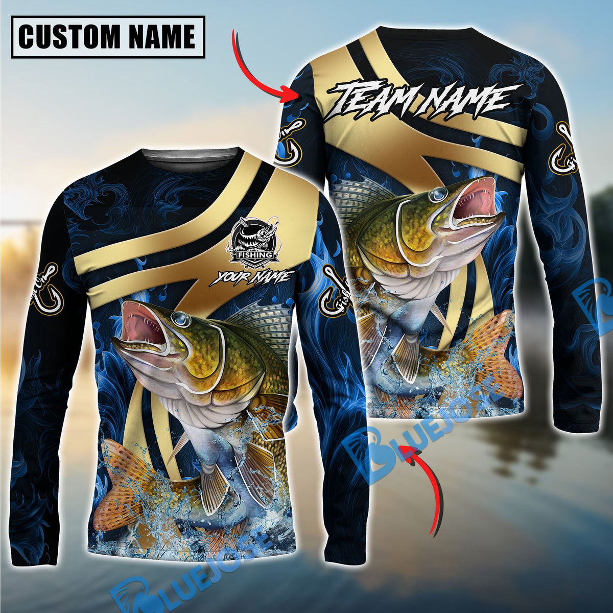 BlueJose Walleye Fishing Luxury Gold Wave Water Splash Design Custom Name & Team Name 3D Shirts