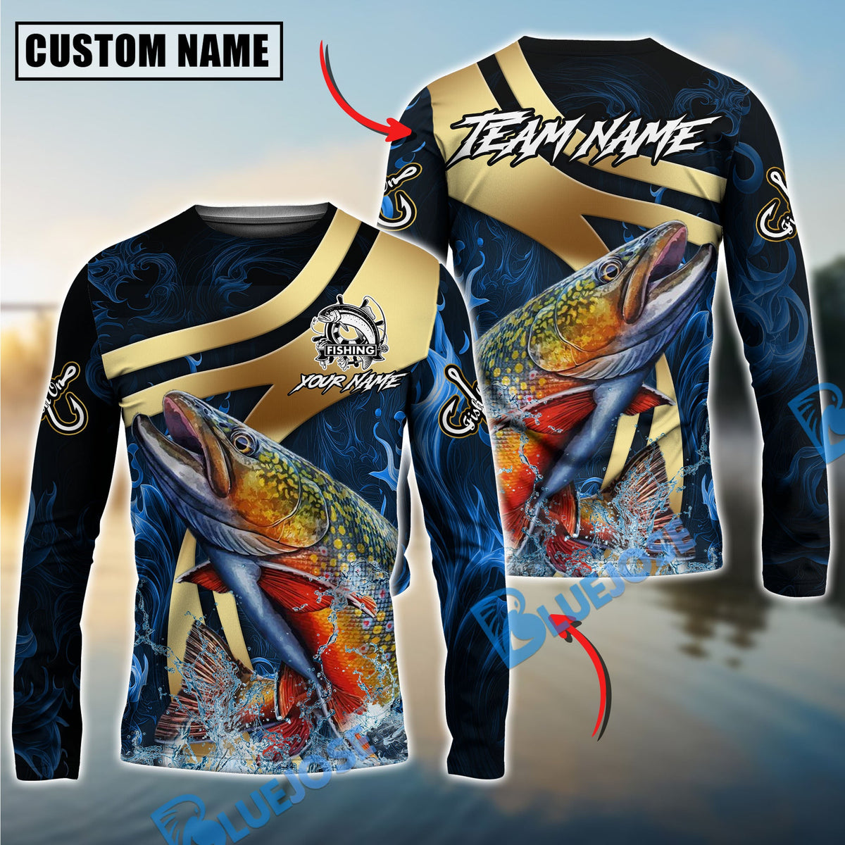 BlueJose Trout Fishing Luxury Gold Wave Water Splash Design Custom Name & Team Name 3D Shirts