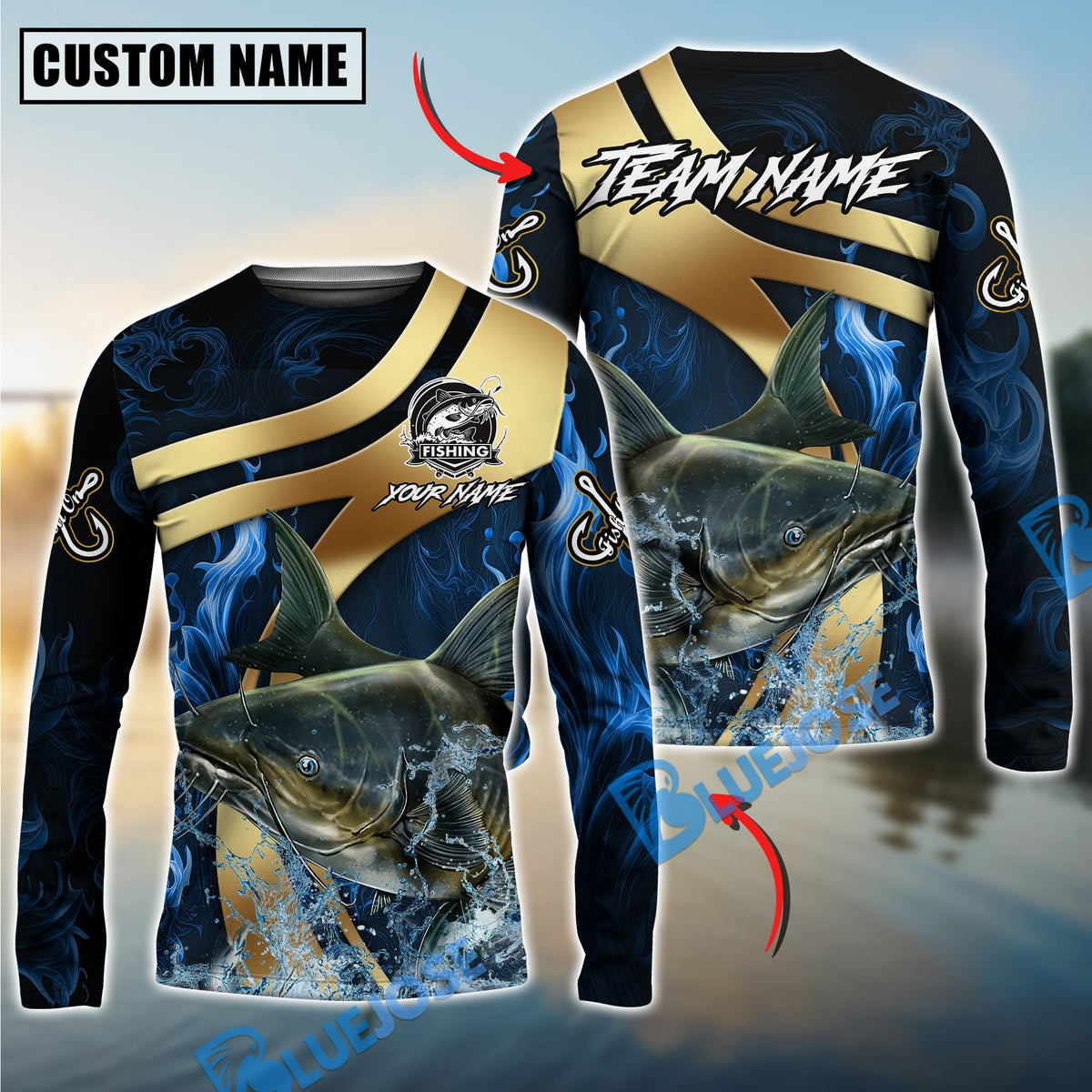 BlueJose Catfish Fishing Luxury Gold Wave Water Splash Design Custom Name & Team Name 3D Shirts