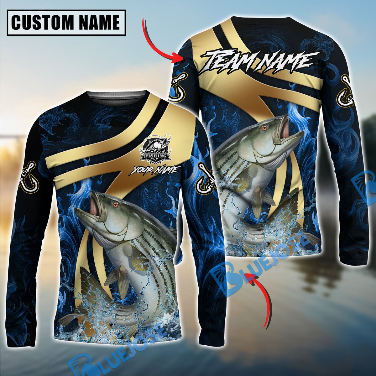 BlueJose Striped Bass Fishing Luxury Gold Wave Water Splash Design Custom Name & Team Name 3D Shirts