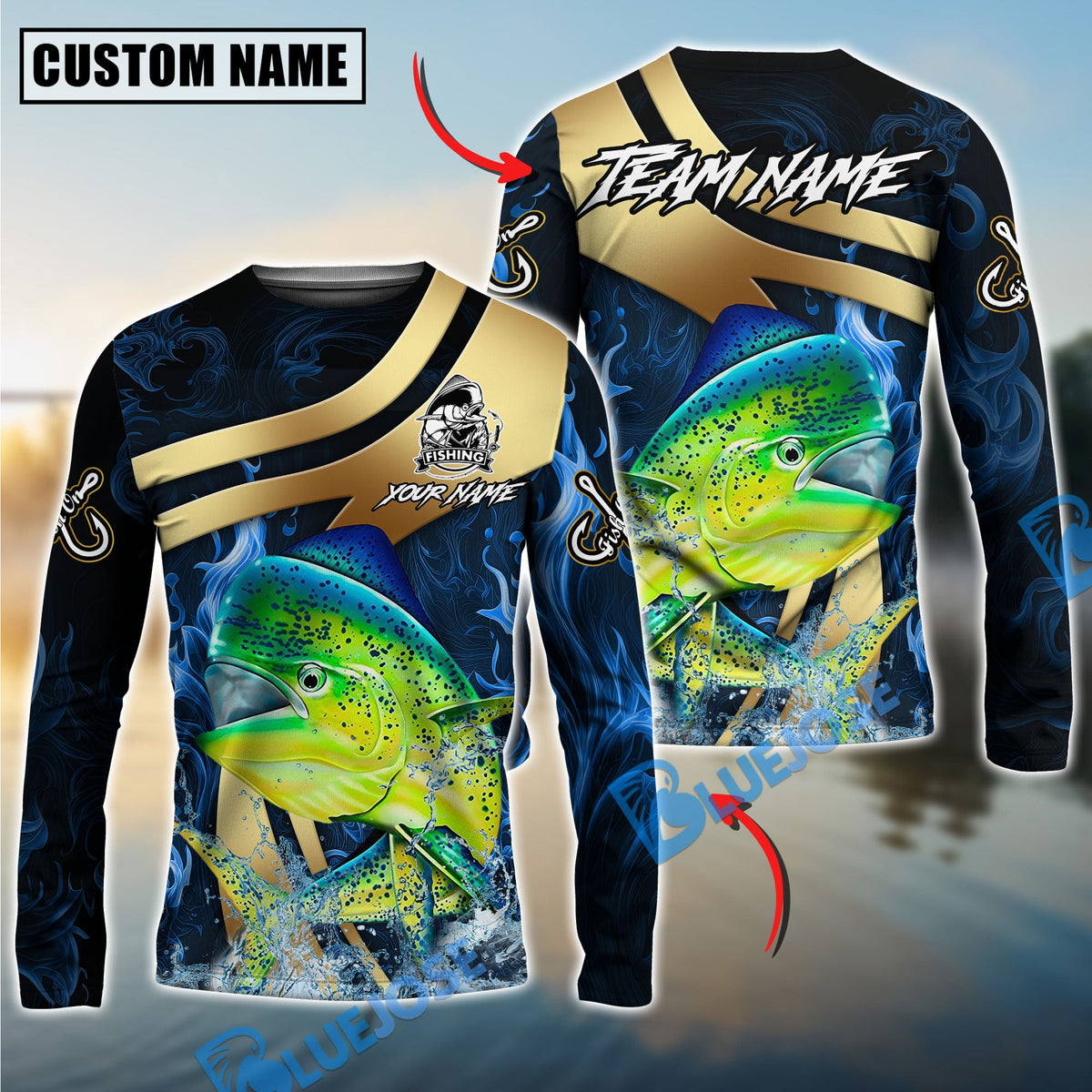 BlueJose Mahi-Mahi Fishing Luxury Gold Wave Water Splash Design Custom Name & Team Name 3D Shirts