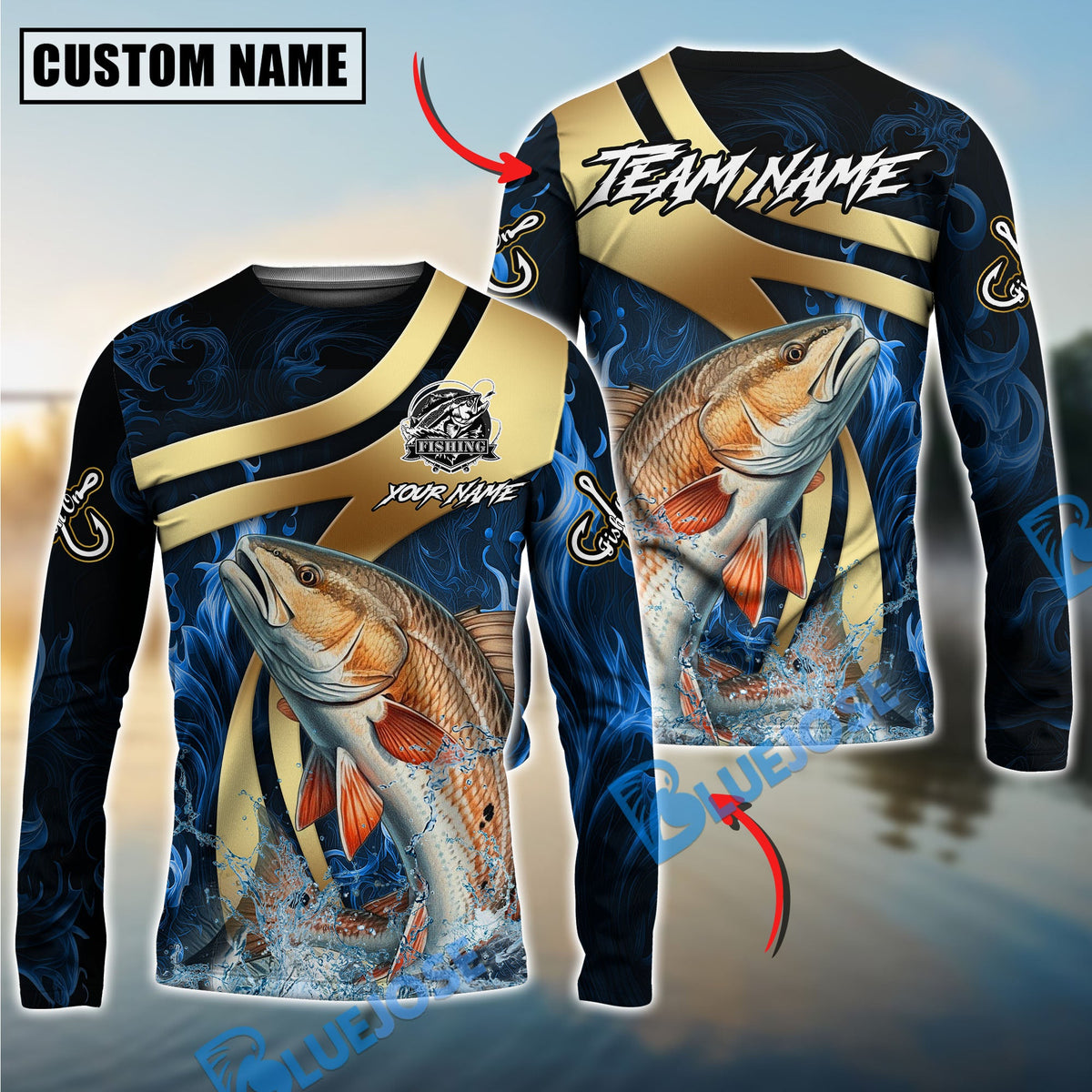 BlueJose Redfish Fishing Luxury Gold Wave Water Splash Design Custom Name & Team Name 3D Shirts