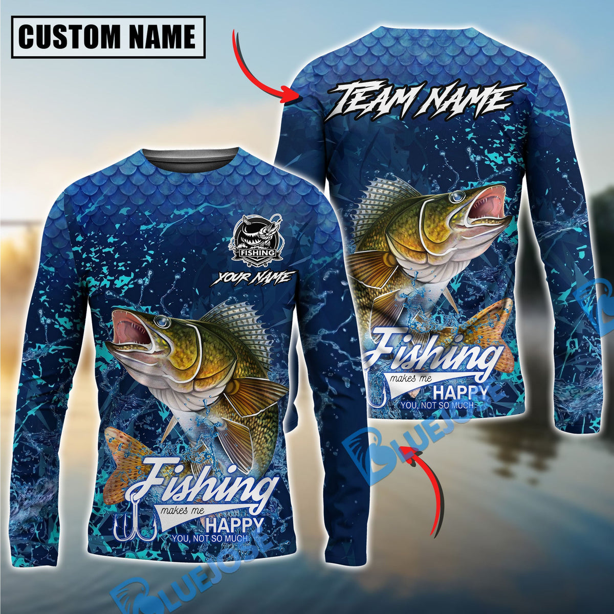 BlueJose Walleye Fishing Dark Water Splash Texture Design Custom Name & Team Name 3D Shirts