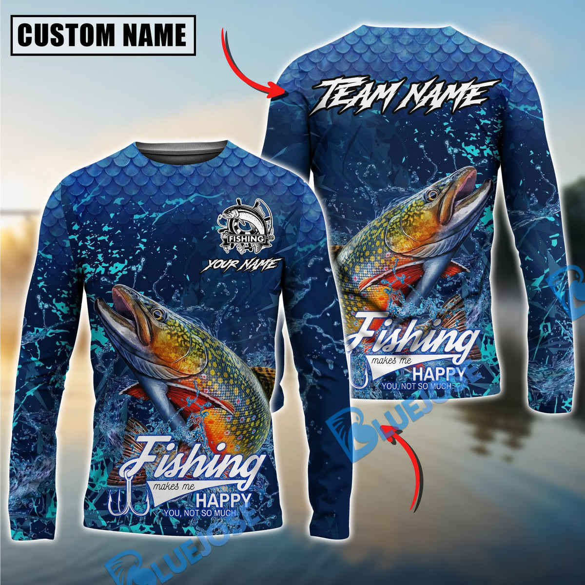 BlueJose Trout Fishing Dark Water Splash Texture Design Custom Name & Team Name 3D Shirts
