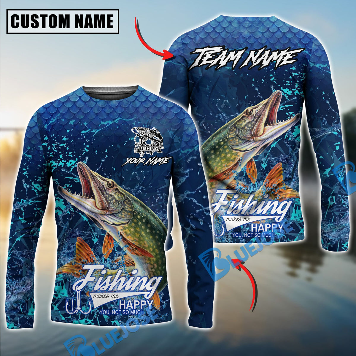 BlueJose Pike Fishing Dark Water Splash Texture Design Custom Name & Team Name 3D Shirts