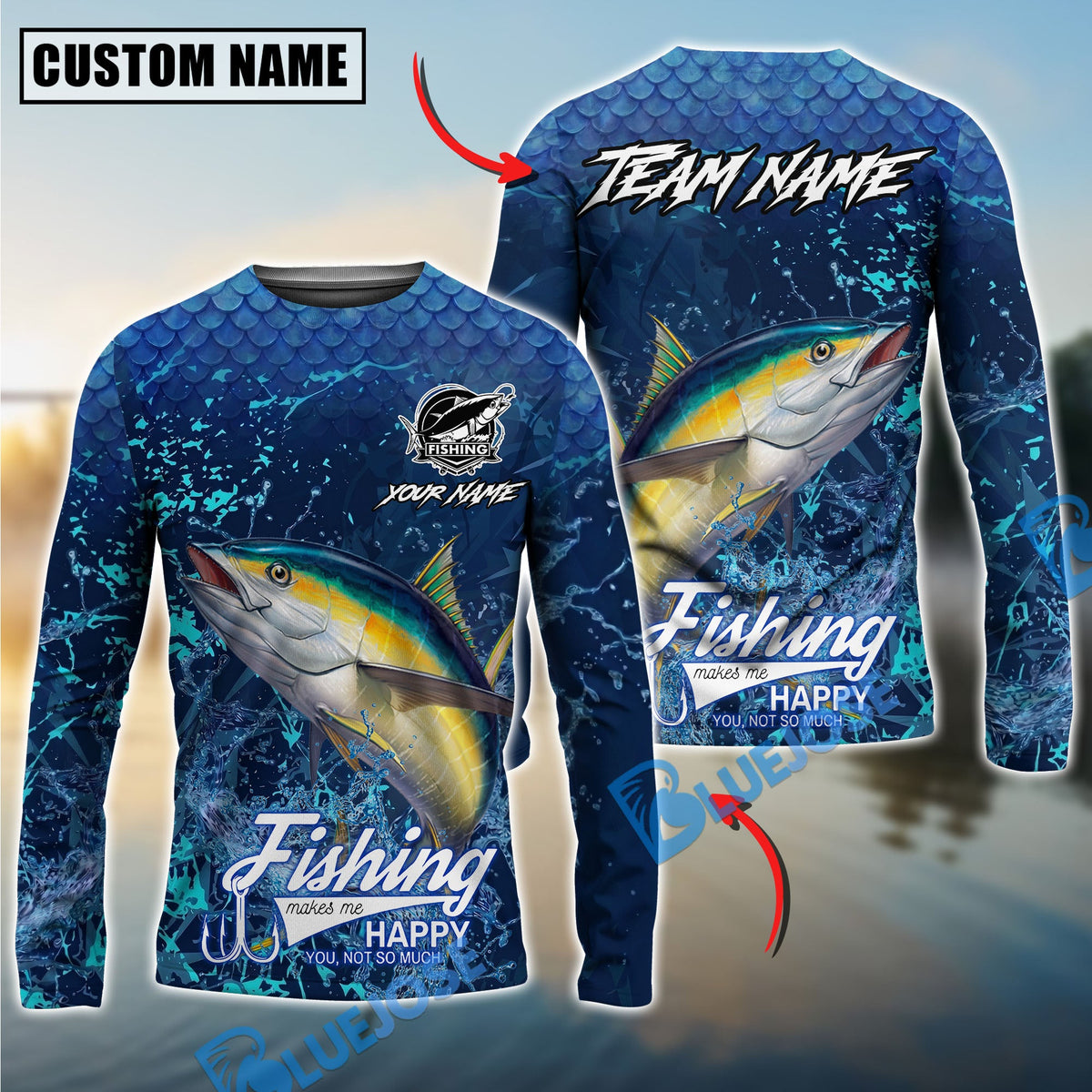 BlueJose Tuna Fishing Dark Water Splash Texture Design Custom Name & Team Name 3D Shirts