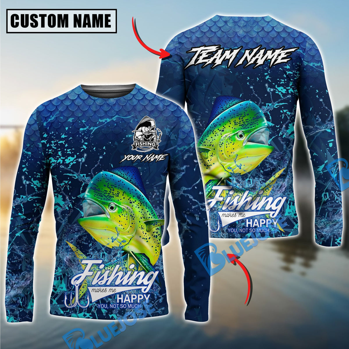 BlueJose Mahi-Mahi Fishing Dark Water Splash Texture Design Custom Name & Team Name 3D Shirts