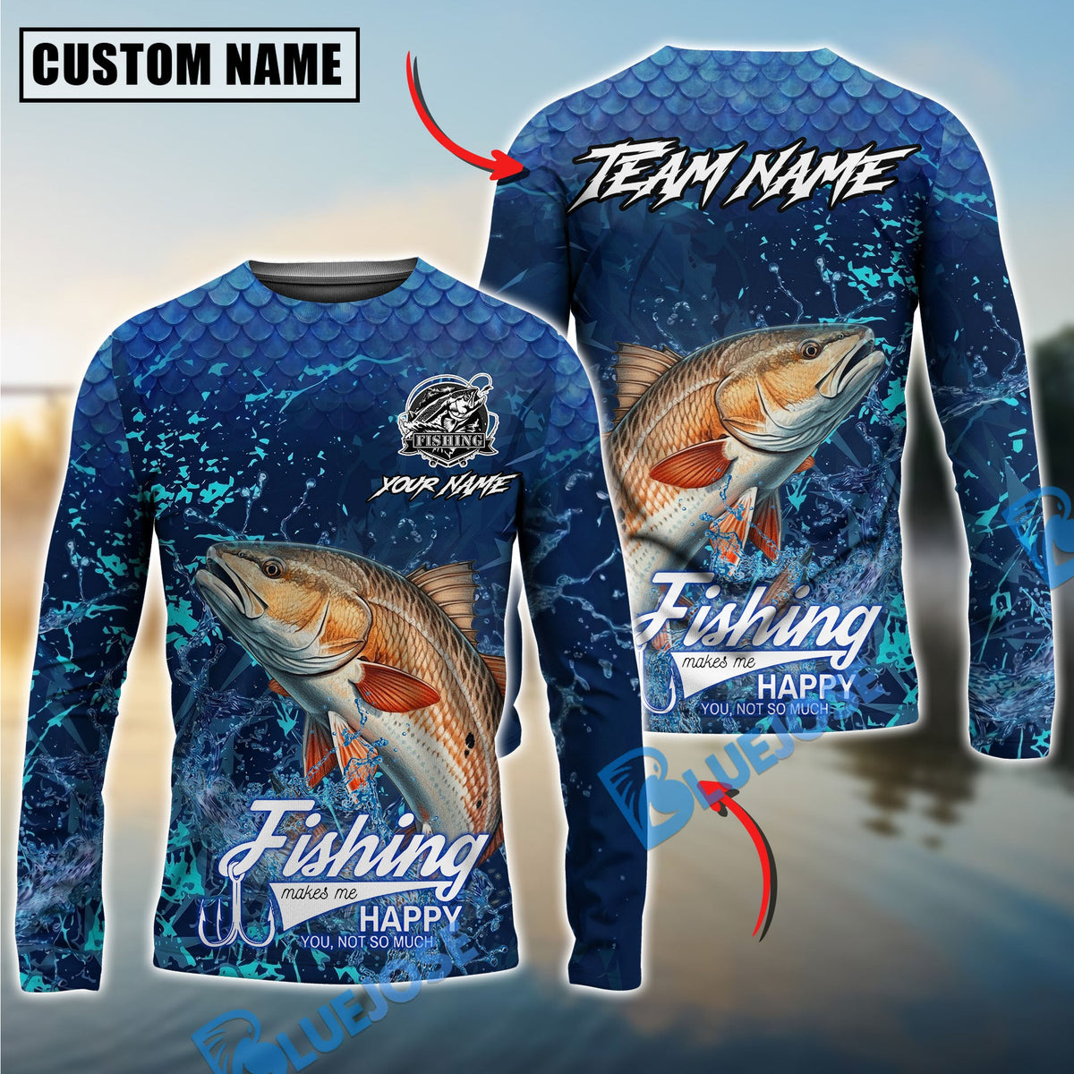 BlueJose Redfish Fishing Dark Water Splash Texture Design Custom Name & Team Name 3D Shirts