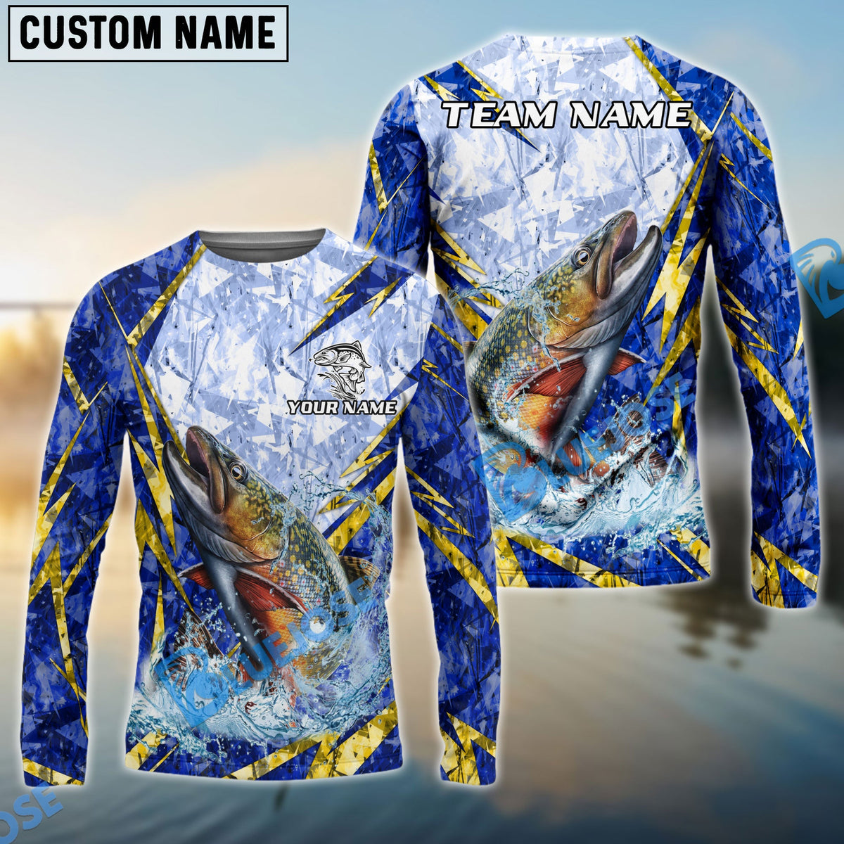 BlueJose Trout Fishing Lightning Splash Blue Pattern Custom Name & Team Name 3D Shirts