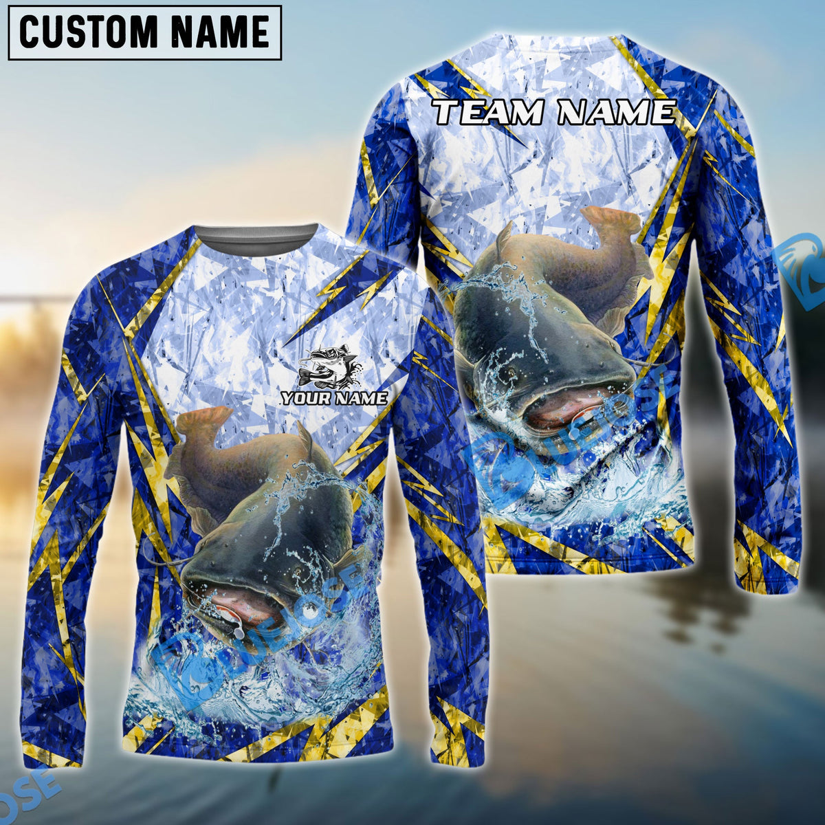 BlueJose Catfish Fishing Lightning Splash Blue Pattern Custom Name & Team Name 3D Shirts