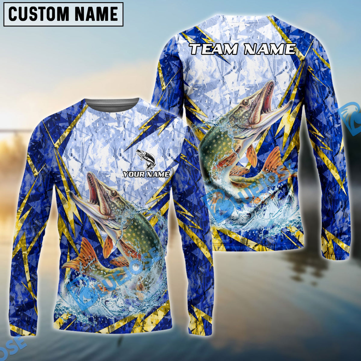 BlueJose Pike Fishing Lightning Splash Blue Pattern Custom Name & Team Name 3D Shirts