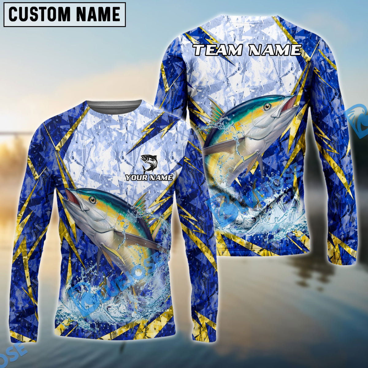 BlueJose Tuna Fishing Lightning Splash Blue Pattern Custom Name & Team Name 3D Shirts