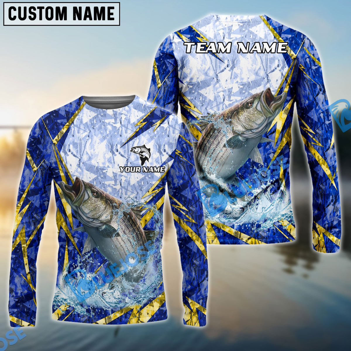 BlueJose Striped Bass Fishing Lightning Splash Blue Pattern Custom Name & Team Name 3D Shirts