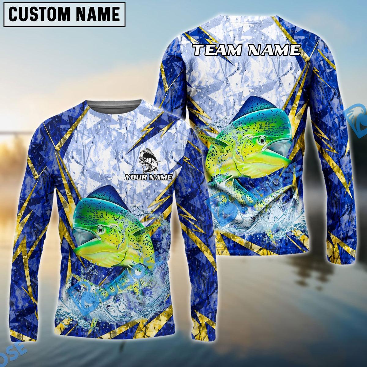 BlueJose Mahi-Mahi Fishing Lightning Splash Blue Pattern Custom Name & Team Name 3D Shirts