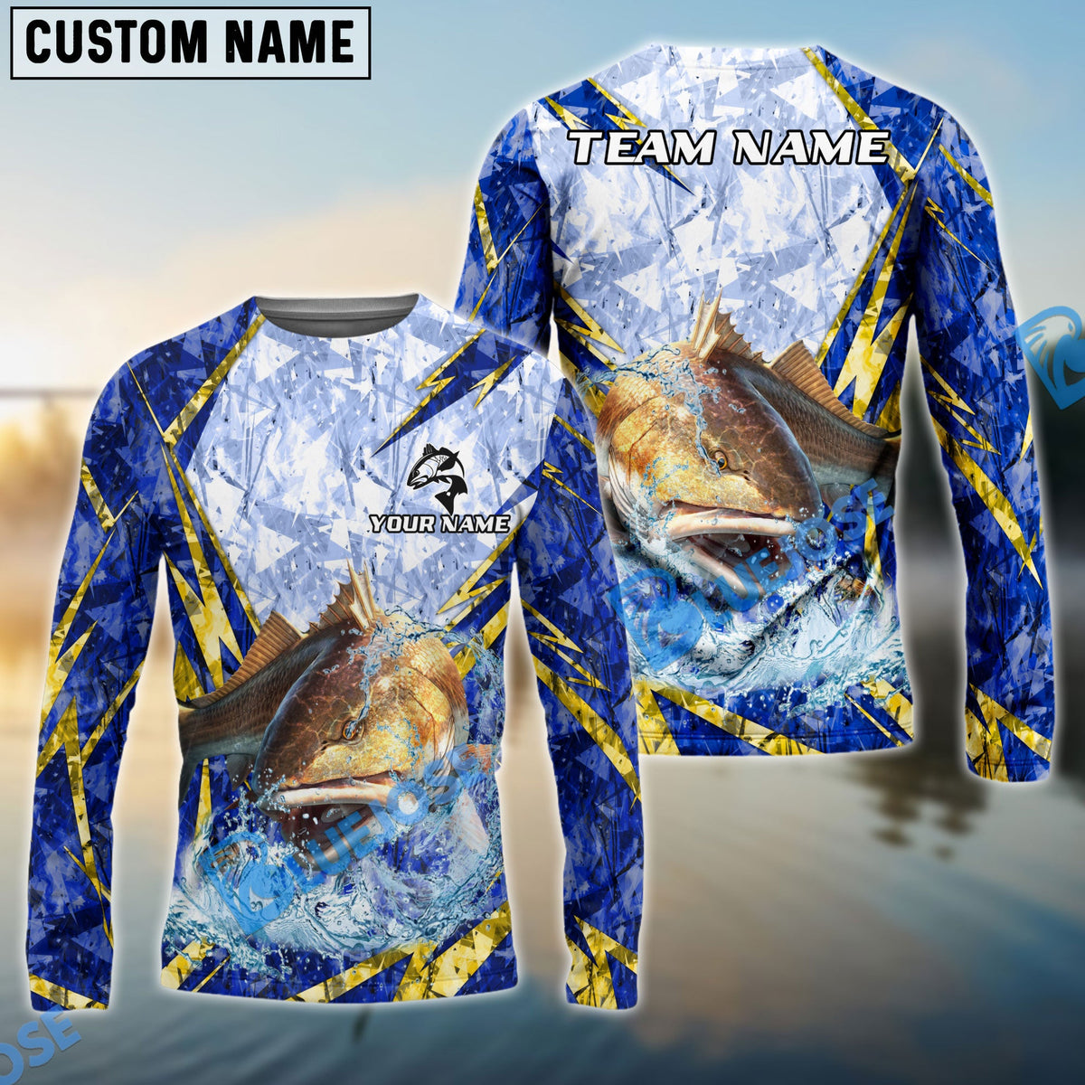 BlueJose Redfish Fishing Lightning Splash Blue Pattern Custom Name & Team Name 3D Shirts