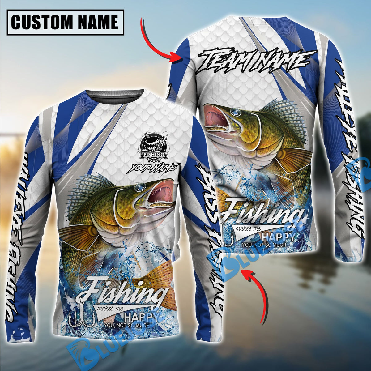 BlueJose Walleye Fishing White Scale Pattern Custom Name & Team Name 3D Shirts
