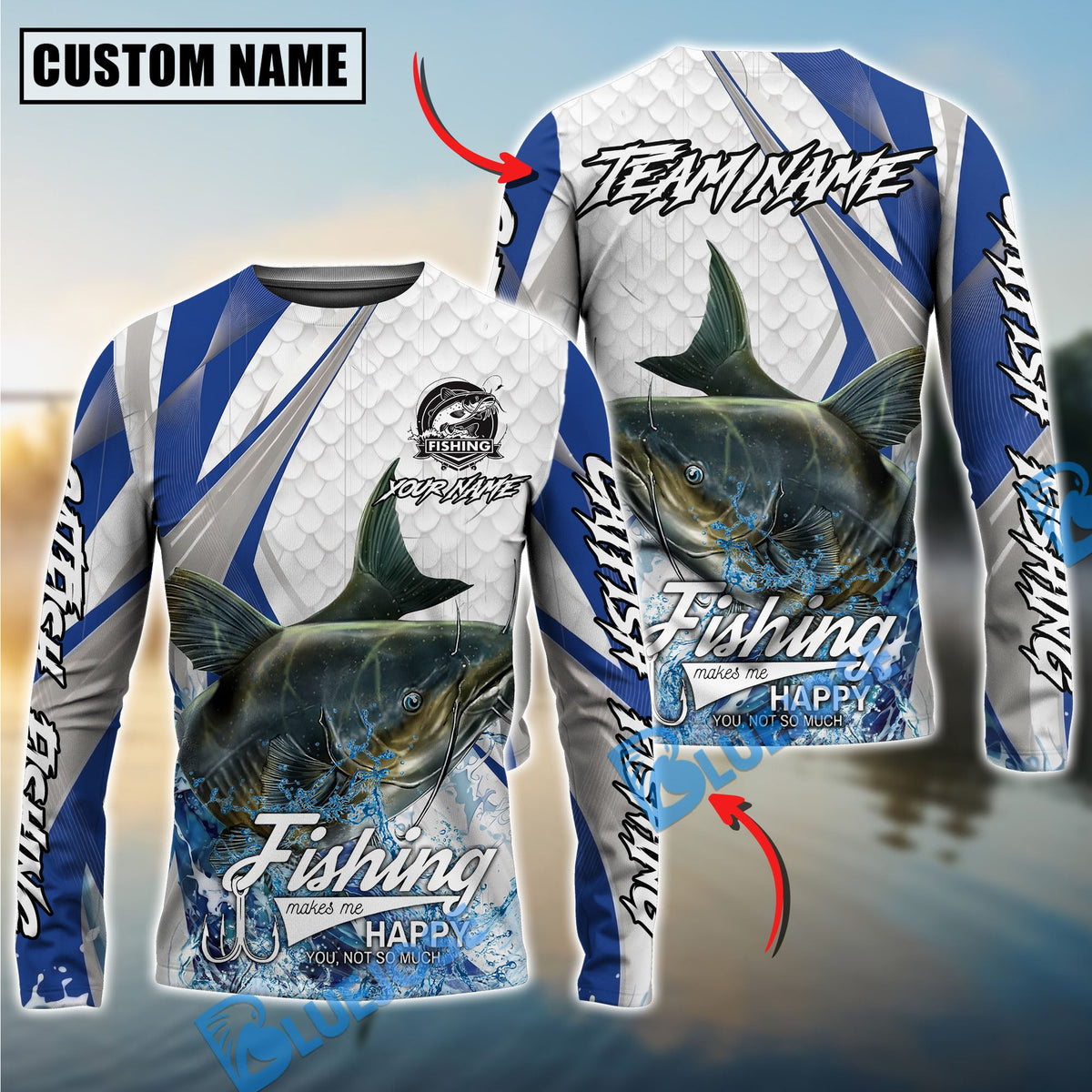 BlueJose Catfish Fishing White Scale Pattern Custom Name & Team Name 3D Shirts