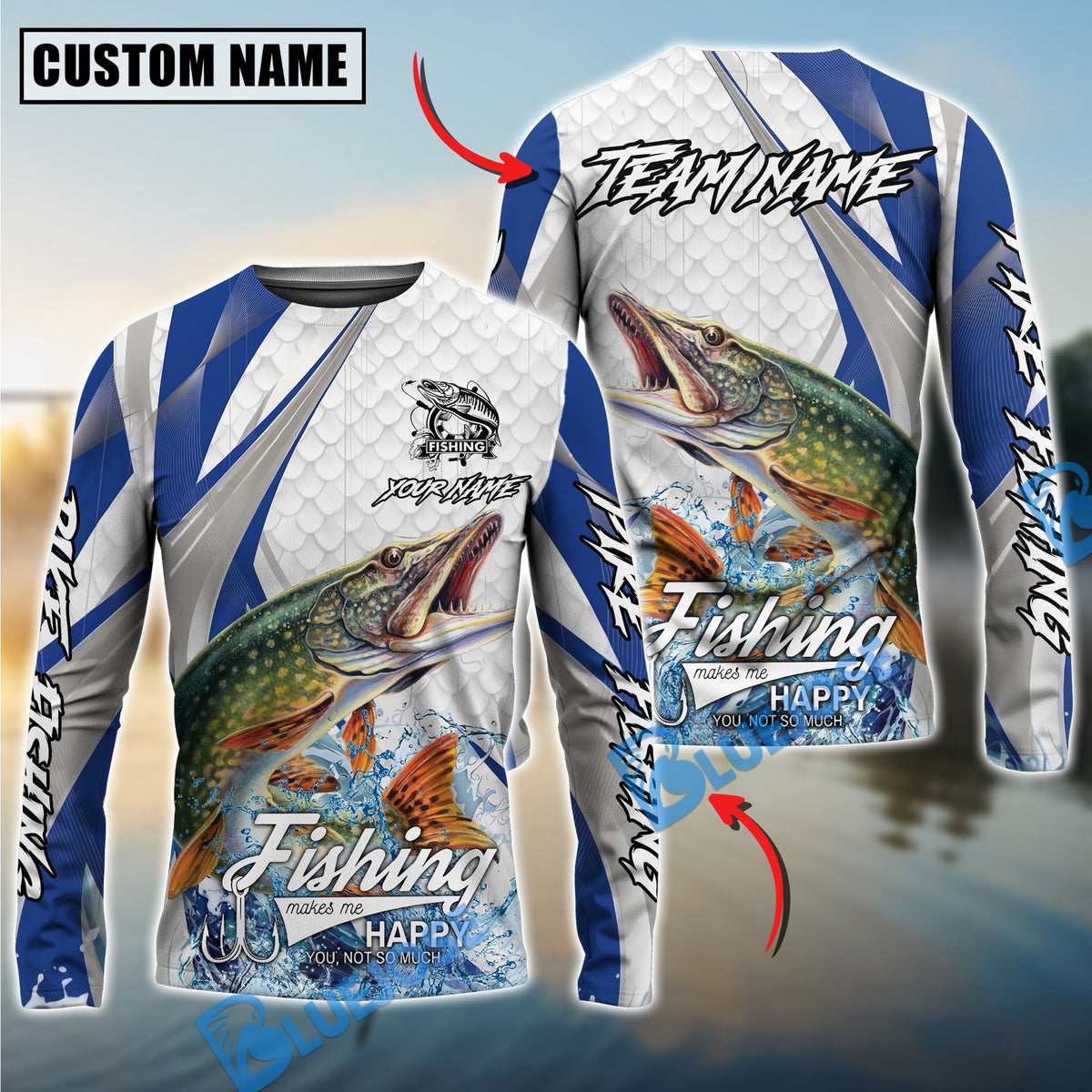 BlueJose Pike Fishing White Scale Pattern Custom Name & Team Name 3D Shirts