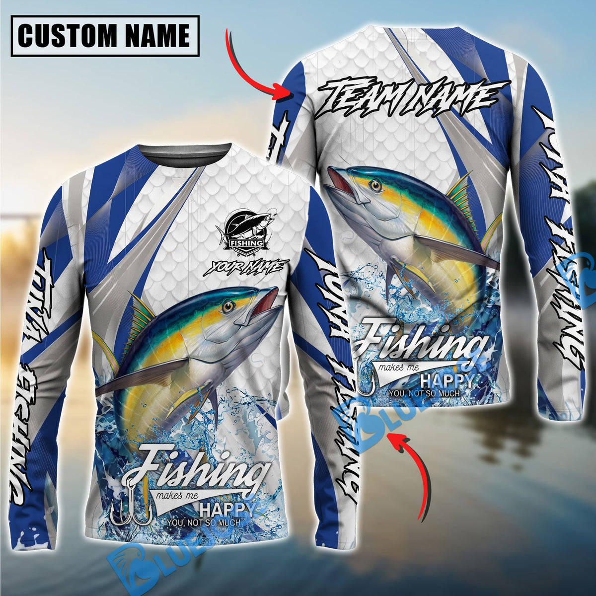BlueJose Tuna Fishing White Scale Pattern Custom Name & Team Name 3D Shirts