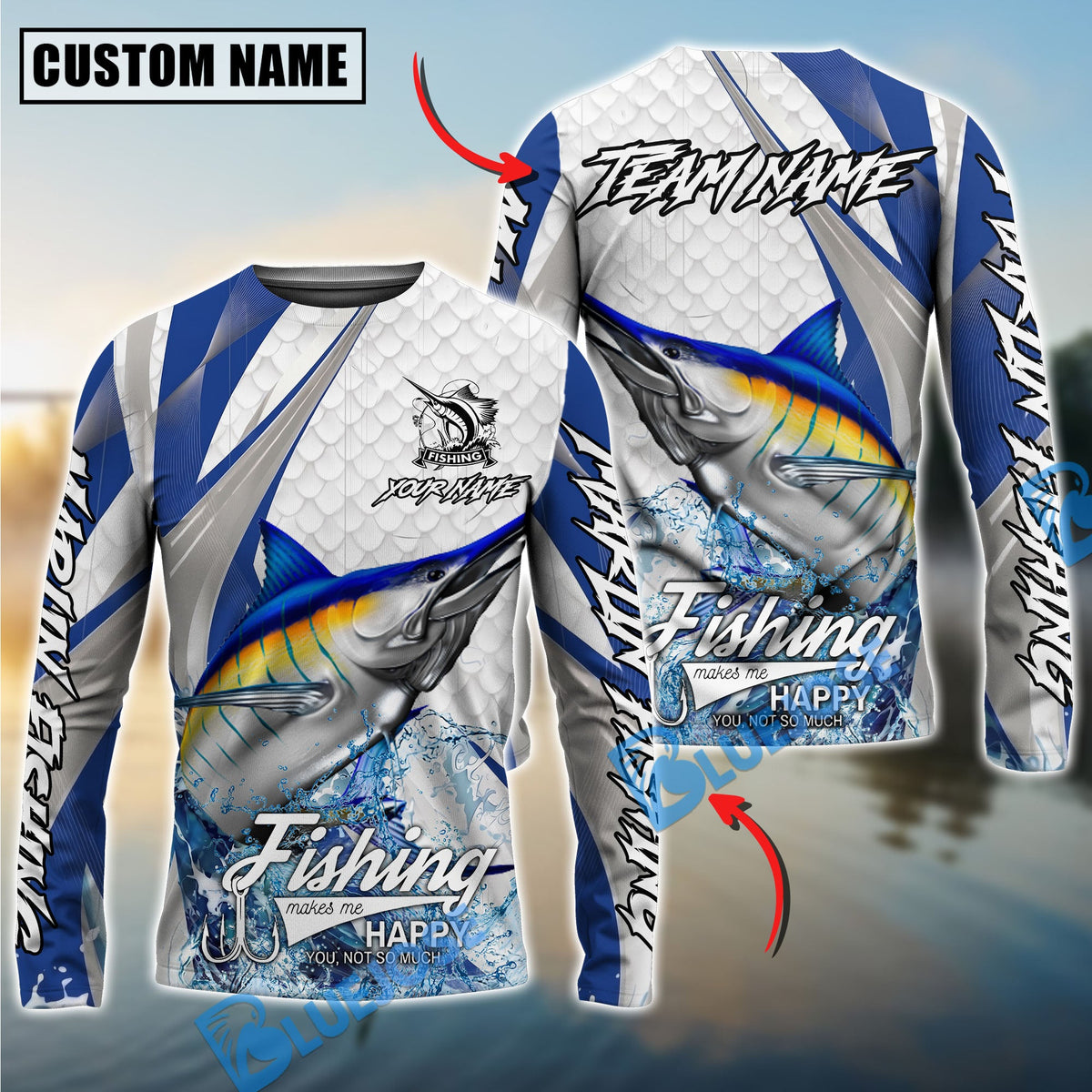 BlueJose Marlin Fishing White Scale Pattern Custom Name & Team Name 3D Shirts