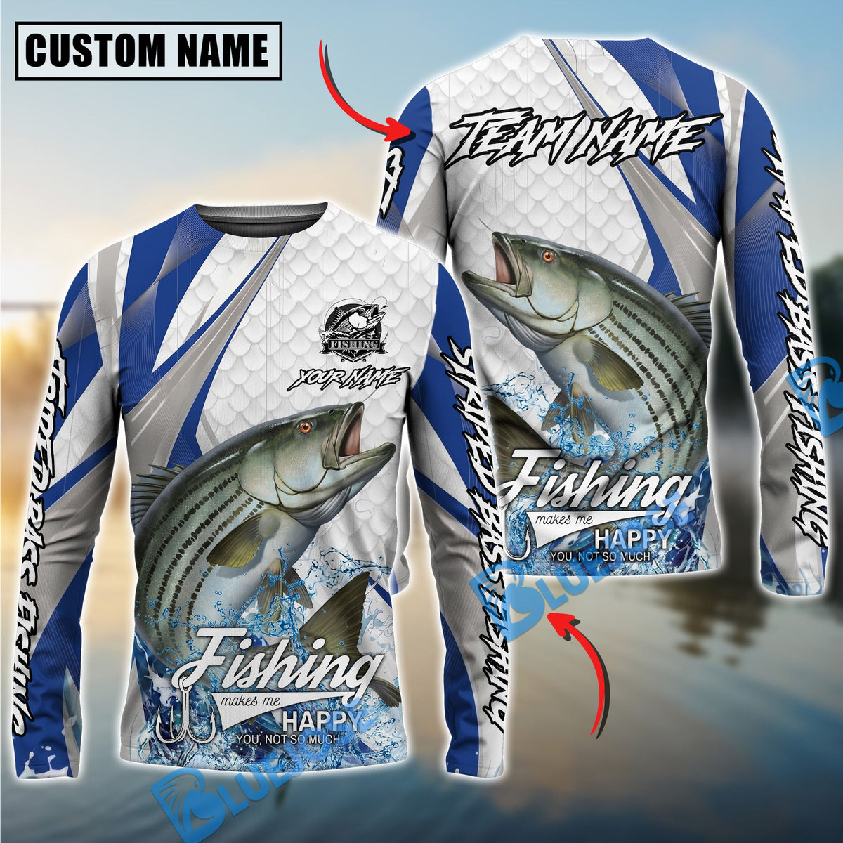 BlueJose Striped Bass Fishing White Scale Pattern Custom Name & Team Name 3D Shirts